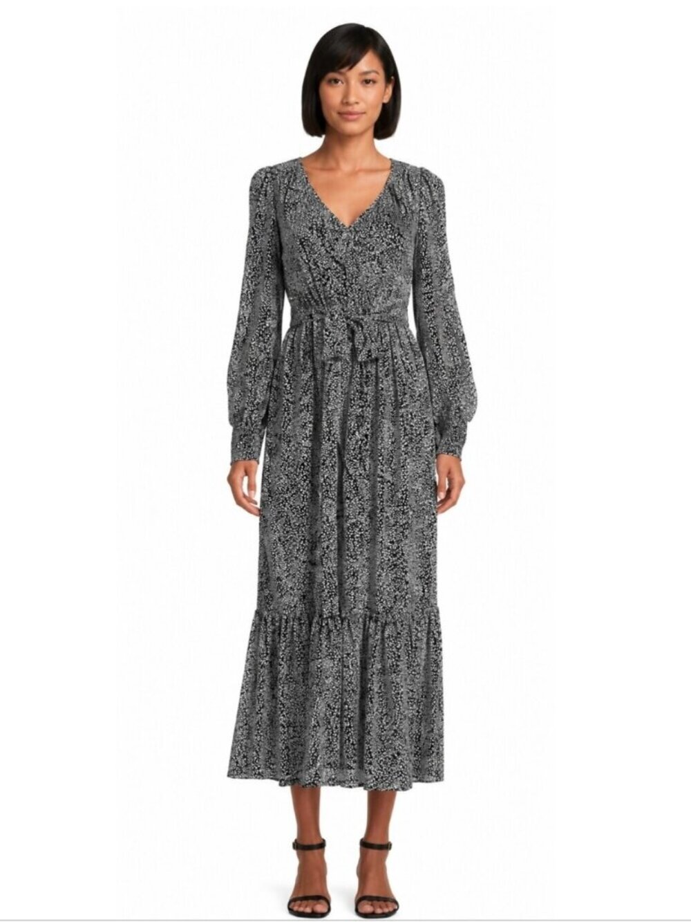 Karl Lagerfeld Paris Black & White Print Belted Maxi Dress